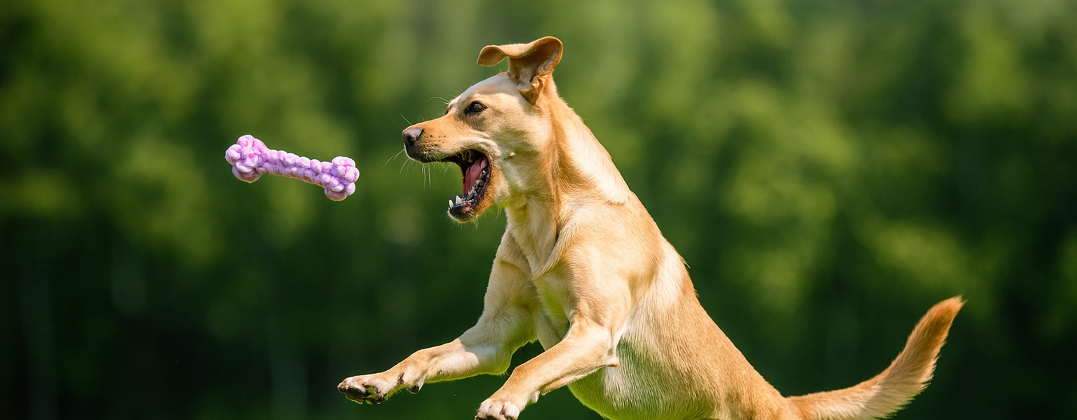 Hund fängt Kordelspielzeug