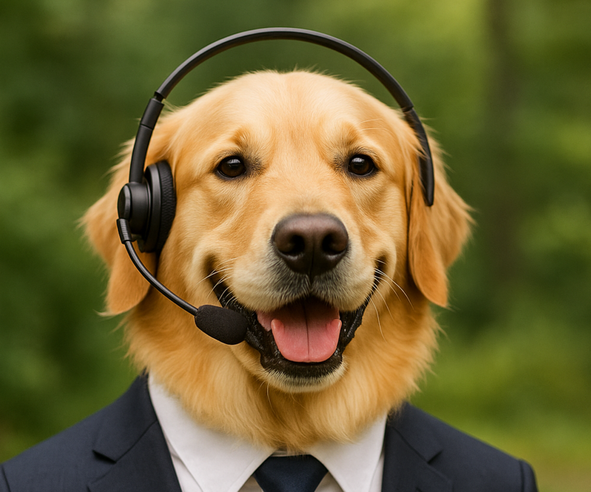 Golden Retriever mit Headset im Anzug vor Naturhintergrund